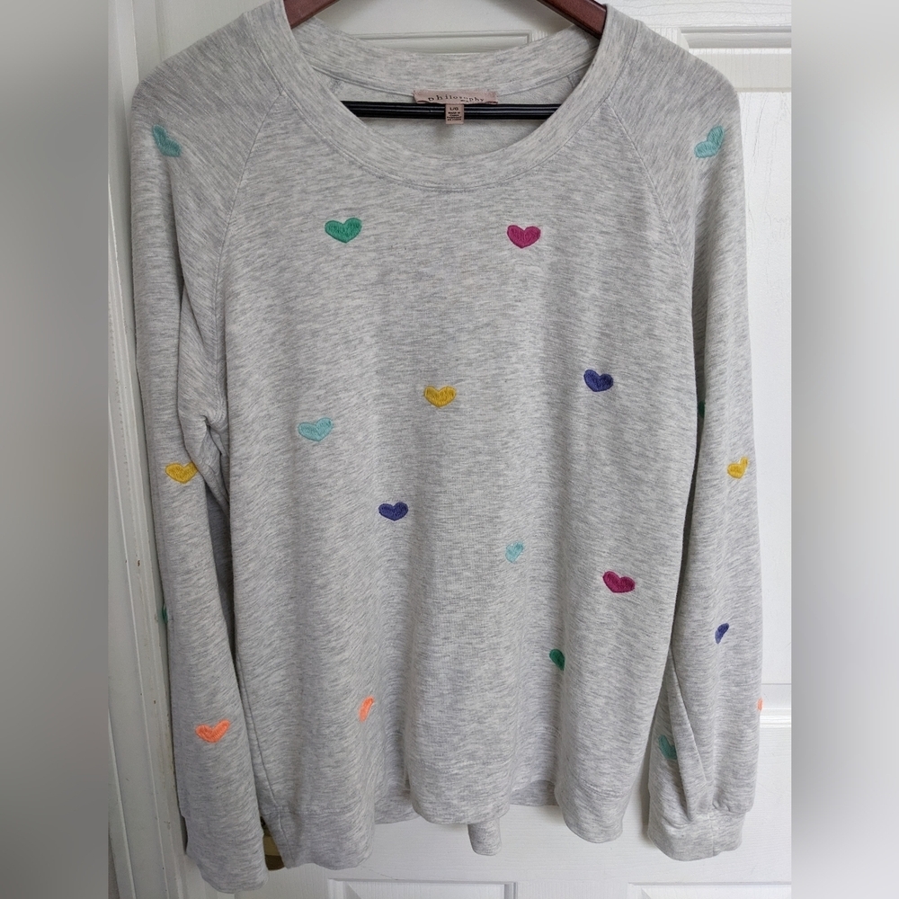 Valentine Lightweight Sweatshirt Tee Multi-Colored Embroidered Hearts Women L